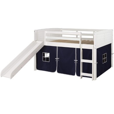 Donco Kids Louver Twin White Low Loft Bed With Slide & Blue Tent