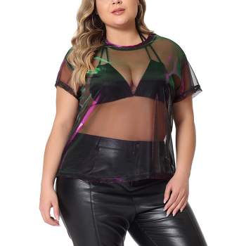 Sheer Long Sleeve Tops for Women Plus Size Tight Rhinestone See Through Mesh  Crop Top Off Shoulder V Neck, Black, Large-X-Large : : Clothing,  Shoes & Accessories