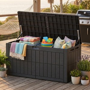 FAMYYT 230 Gal. Outdoor Large Water Resistant Black Resin Deck Box