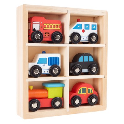 Wooden Car PlaySet-6-Piece Mini Toy Vehicle Set with Cars, Police and Fire Trucks, Train-Pretend Play Fun for Preschool Boys and Girls by Toy Time