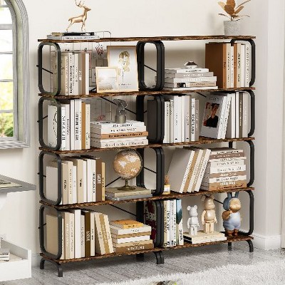 NicBex 5-Tier Industrial Bookshelf with X-Back Design, Metal Frame Storage Bookcase, Rustic Brown Tall Bookcase with Open Wood Design