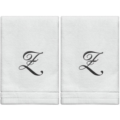 Creative Scents Set of 2 White Fingertip Monogrammed Towels, Black Embroidered