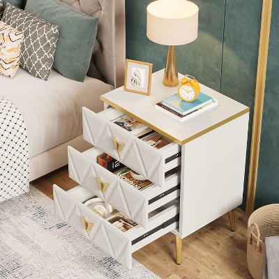 White and Gold 3-Drawer Nightstand Set with Metal Legs
