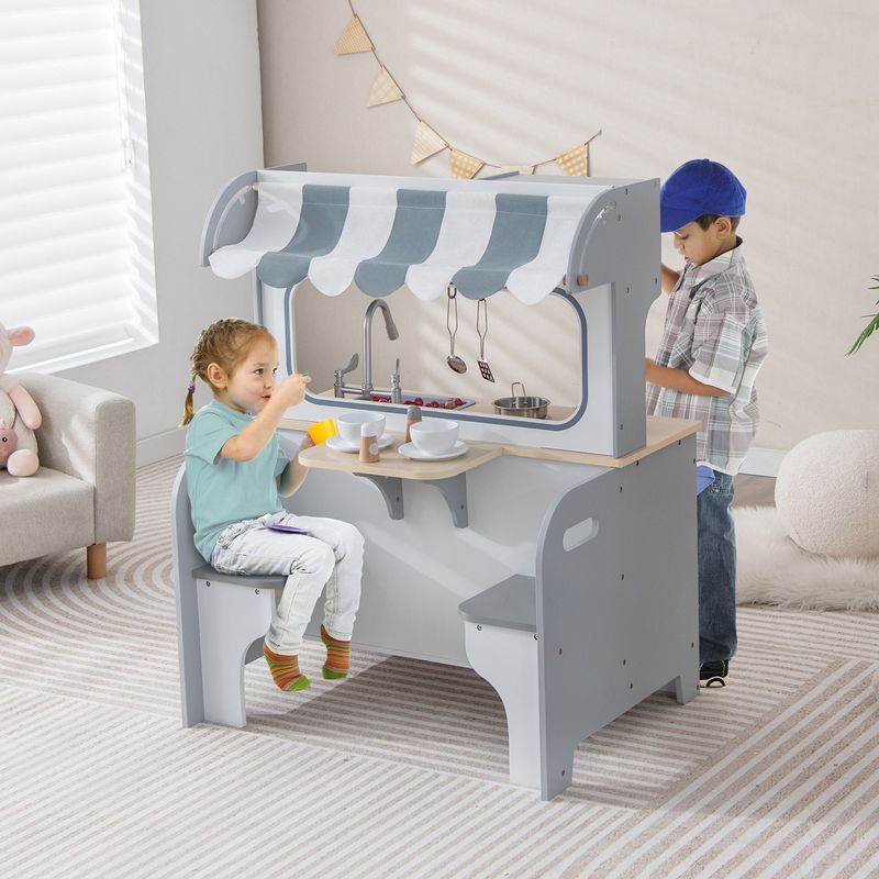 Costway 2 in 1 Kids Play Kitchen& Restaurant Double Sided Wooden Kitchen Playset Toddler, 2 of 14