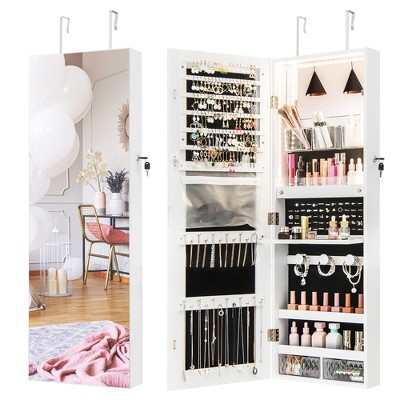 Tangkula Wall Mounted Jewelry Cabinet Full-Length Mirror Lockable w/ 3-Color Lights