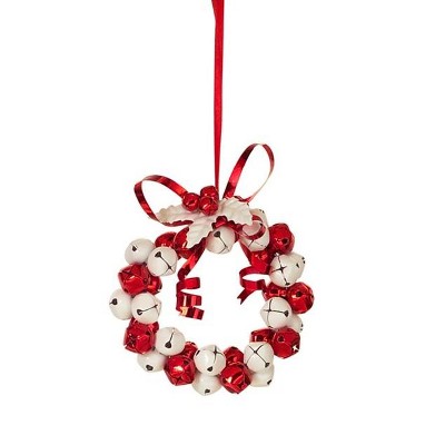 Melrose 4" Peppermint Twist Jingle Bell Wreath with Holly and Berries Christmas Ornament - Red/White