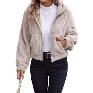 Women's Double-Sided Fleece Hooded Zip Up Jacket Pocket Coat - 1 of 4