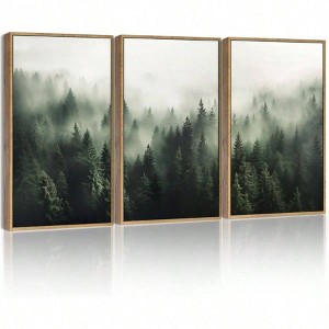 Green fog pine tree forest canvas wall art 11x14in framed modern artwork prints decor - 1 of 4
