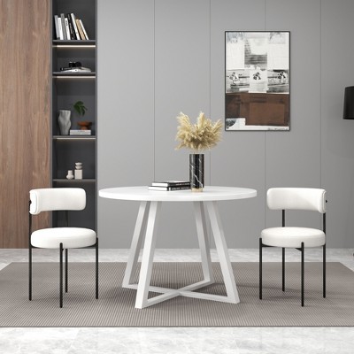 NicBex Round Dining Room Table Set for 2 Morden Dining Room Table with 2 Boucle Chairs and Trestle Base for Kitchen