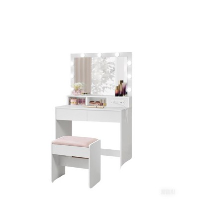 Vanity Desk with Mirror and 9 Dimmable LED Lights Makeup Vanity Cloud White