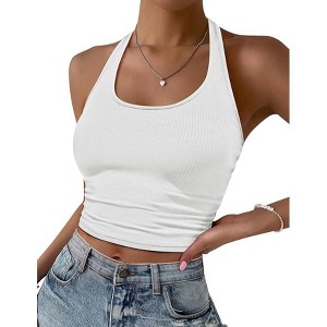 Ekouaer Women Halter Top Backless Scroop Neck Slim Stretchy Ribbed Knit Camisole Crop Tops - 1 of 4