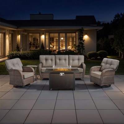 Belord Furniture Patio Set with 43" Propane Fire Pit Table, Patio Furniture Set with Sofa, 2 Swivel Patio Chairs, Accent End Table, and Fire Pit Table