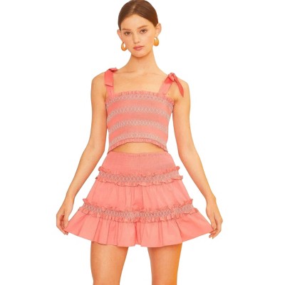 Slickblue Women's Self-Tie Shoulder Smocking Ruffle Crop Top - Coral/Off White, Cotton Blend - Size S-L