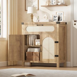 Rattan Sideboard Buffet Cabinet with Storage, Farmhouse Kitchen Accent Cabinet with Drawer, Boho Wooden Coffee Bar Storage - 1 of 4