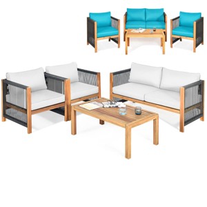 Costway 4 PCS Wood Outdoor Patio Furniture Set with Cushions White Red Cushion Cover Sets White+Red/Turquoise - 1 of 4