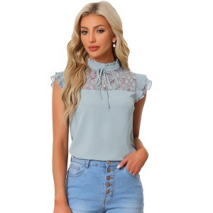 INSPIRE CHIC Women's Ruffle Stand Collar Short Sleeve Contrast Lace Panel Blouse - 1 of 4