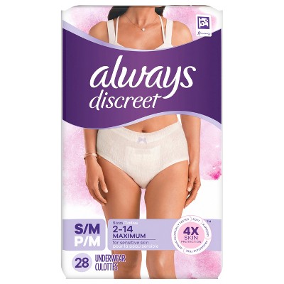 Always Discreet for Sensitive Skin Underwear, Four Times Skin Protection, Dermatologically Tested, Fragrance-Free, Maximum Absorbency, 28 CT S/M