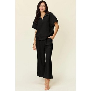 I am a Fashion Junky Double Take Full Size Texture Half Zip Short Sleeve Top and Pants Set - 1 of 4