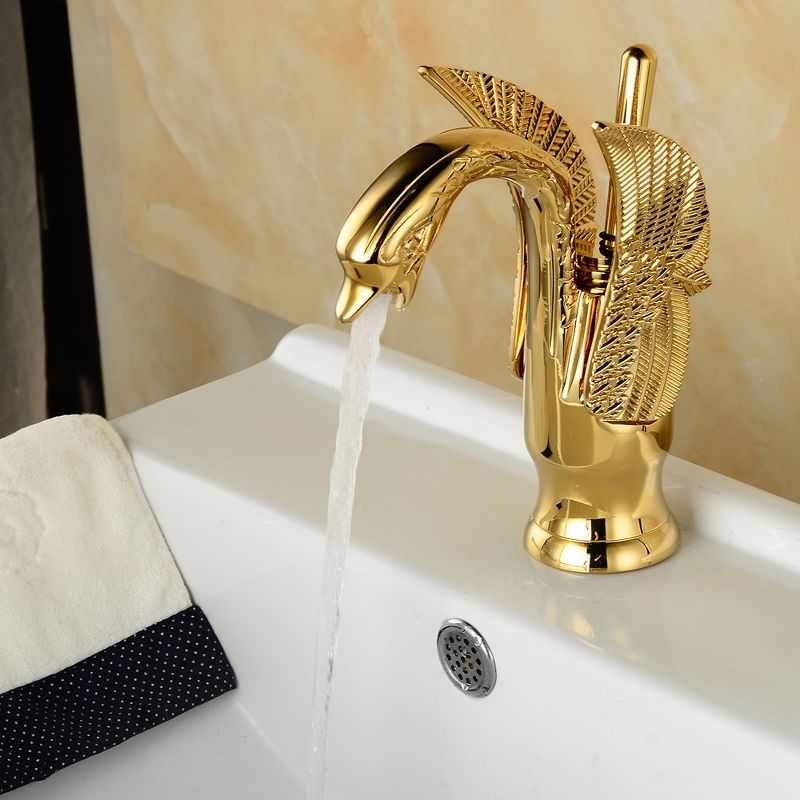 BWE Swan Single Hole Single-Handle Bathroom Faucet And Pop Up Drain & Overflow Cover in Gold, 2 of 7