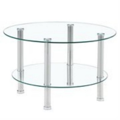 GlasFlength Double Layer Coffee Table with Round Tempered Glass Top, Modern Design, Suitable for Living Room, Patio, Silver, 27.5" * 27.5" * 16.5"