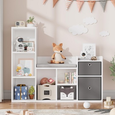 Kids Bookshelf 44.1in Width Toy Storage Organizer with Reading Nook White Bookcase Seat Cushion