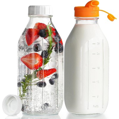 Reusable Glass Milk Bottles with Silicone Caps, 2 Pack 32 oz Leak Proof Storage