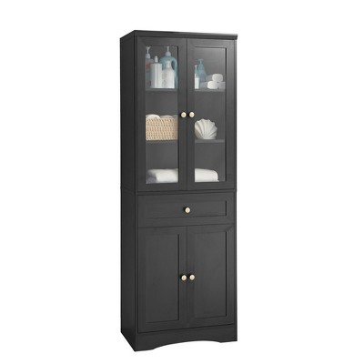 TiramisuBest Tall Bathroom Storage Cabinet, Cabinet with Four Doors and Drawers, Adjustable Shelf, MDF Board, Black