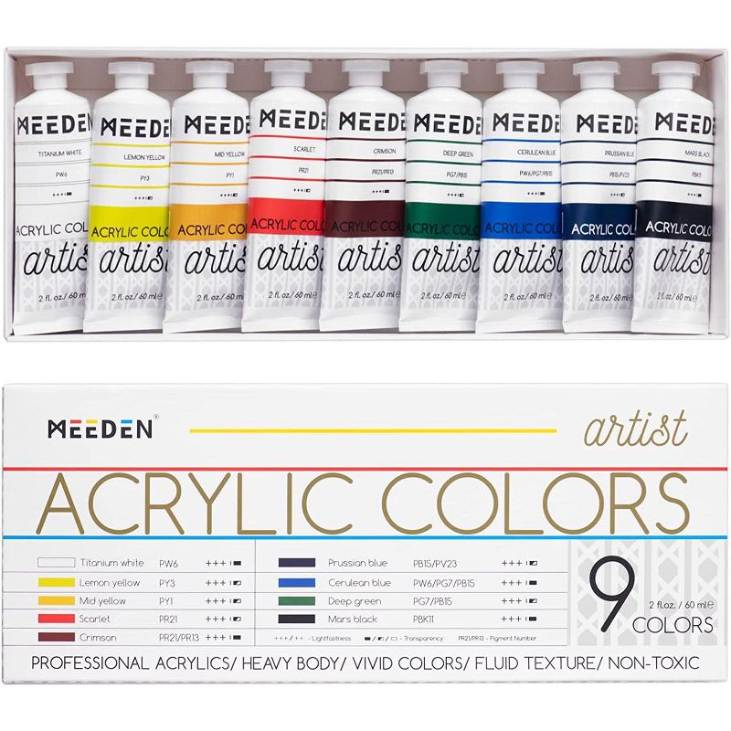 MEEDEN Professional Acrylic Paint Set, Artist Grade Acrylic Paint Tubes, Heavy Body Acrylic Paints, Art Supplies for Canvas Painting, 2 oz* 9 Tubes, 1 of 6