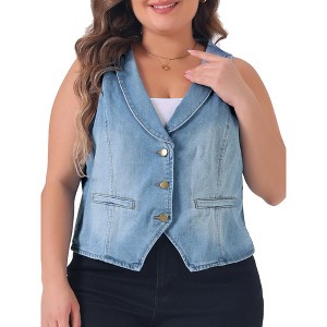 Agnes Orinda Women's Plus Size Denim Sleeveless V Neck Button Down Waistcoat Jean Vest - 1 of 4