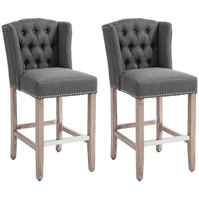 Upholstered Farmhouse Counter Height Bar Stools Set of 2 with Tufted Back, Nailhead Trim, and Wooden Legs for Kitchen Island, Dining