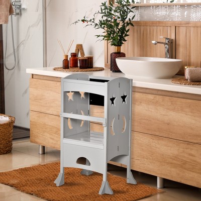 Compact Foldable Wooden Step Stool with Detachable Chalkboard