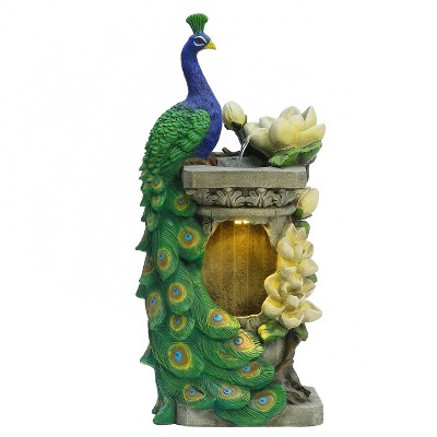 LuxenHome 31” Lighted Peacock Garden Water Feature Outdoor Fountain with Cascading Water and Floral Accents Multicolored
