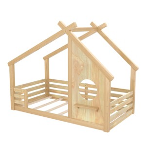 TopComfy Beds Full House Floor Bed with Window and a Small Shelf Solid Wood Floor Bed with House shaped Roof for Bedroom, Beige, 78.3"*41"*53.9" - 1 of 4