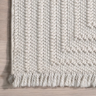 Makena Off-White Geometric Synthetic Runner Rug with Fringe