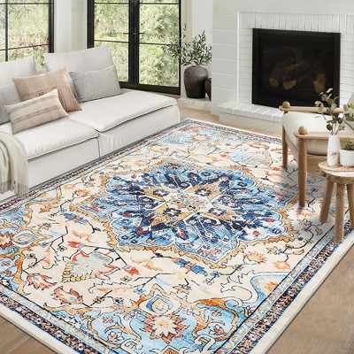 Vintage Floral Area Rug Stain Resistant Low Pile Distressed Carpet, 5'x7' Blue/Beige/Multi