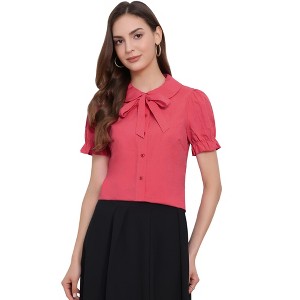 INSPIRE CHIC Women's Vintage Bow Tie Solid Peter Pan Collar Office Button Up Shirt - 1 of 4