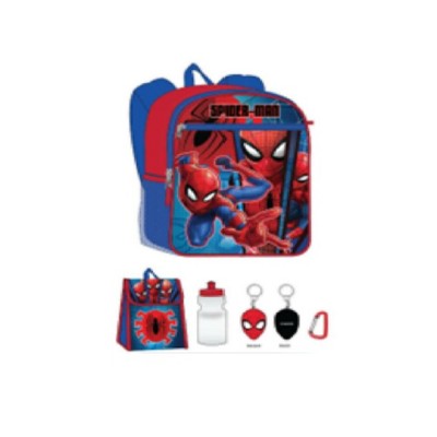 Marvel Spider-Man Kids School Backpack 16" 5PC Lunch Kit, Keychain, Metal Carabiner, and Water Bottle