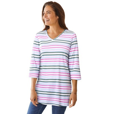 Woman Within Plus Size Perfect Printed Three-Quarter-Sleeve V-Neck Tunic