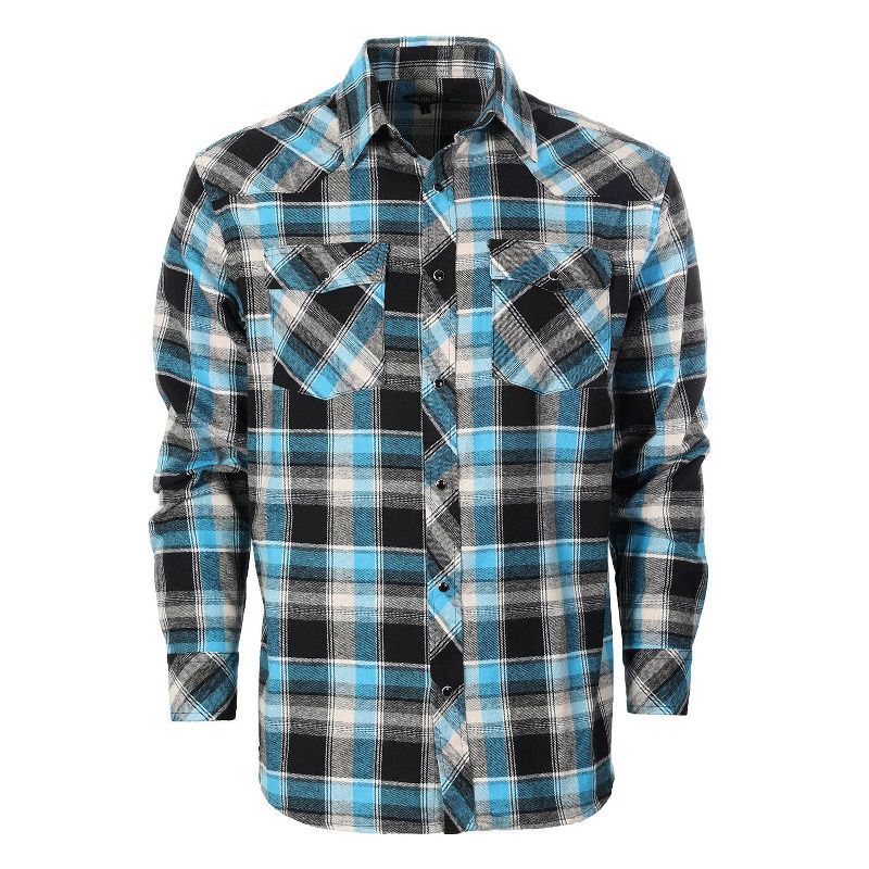 Gioberti Men's Western Brushed Flannel Plaid Checkered Shirt w/ Snap-on Button, Turquoise / Black, Small