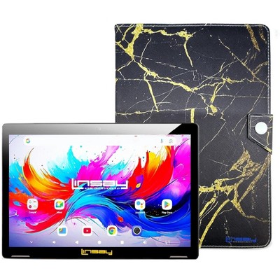 LINSAY 10.1"Octa Core  256GB Storage Android 15 Tablet with Black and Golden Marble Case