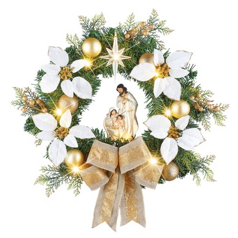 Collections Etc White & Gold Lighted Nativity Floral Wreath 16