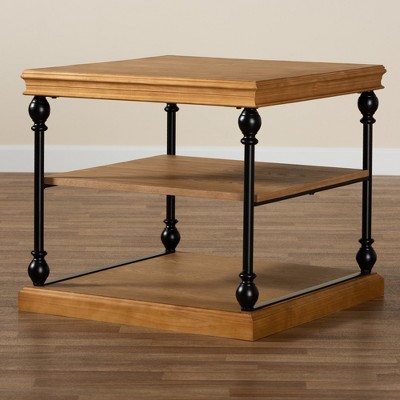 Sebastian Oak Brown Wood and Black Metal 3-Tier End Table