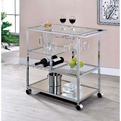 24/7 Shop At Home Kayla Cart Chrome: Tempered Glass Shelves, Wine &#38; Stemware Racks, Rolling Design