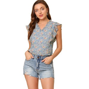 Allegra K Women's Ruffle Tops Casual V Neck Cap Sleeves Floral Blouse - 1 of 4