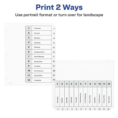 Heavyweight White Paper 12-Tab Customizable Table of Contents Dividers