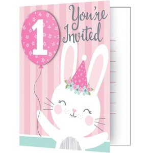 8ct Bunny Print 1st Birthday Party Invitations, Blue Pink White