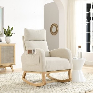 Modern Nursery Rocking Chair, Upholstered Glider Rocker with Side Pocket, Teddy Fabric Accent Armchair, Comfy Reading Chair for Living Room Bedroom - 1 of 4