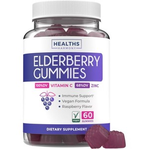 Elderberry Gummies with Vitamin C & Zinc, Immune Support Supplement for Adults, Raspberry Flavor, Health's Harmony, 60ct - 1 of 4
