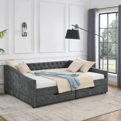 Queen Size Daybed with Drawers Upholstered Tufted Sofa Bed(84.5"x63.5"x26.5")"Grey+ Polyester"