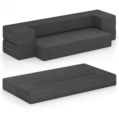 Tangkula Folding Bed Couch Fold Out Futon Sofa with Removable & Washable Covers Queen/Twin Size Convertible Mattress Gray